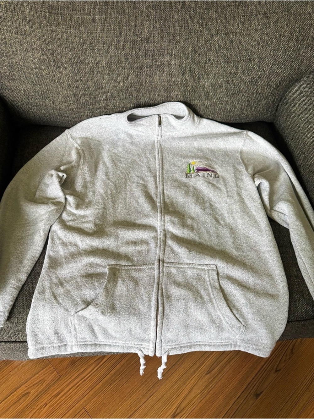 Light Gray Zip-Front Crewneck Sweater with Maine Embroidery